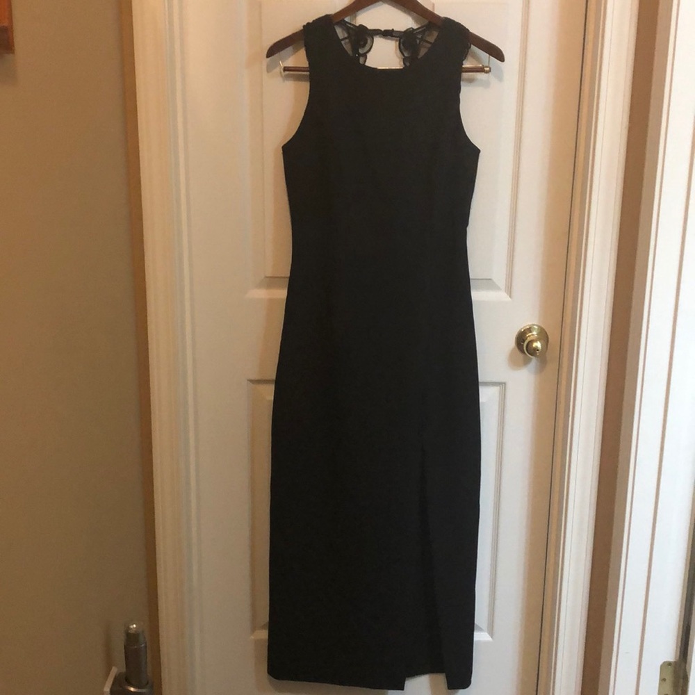 Black formal dress, long with slit, embellishments